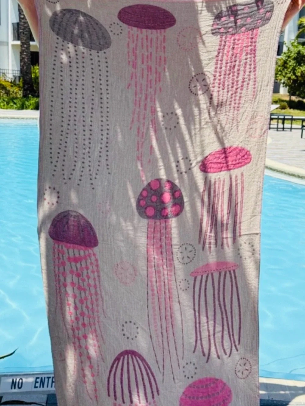 Jellyfish Patterned Throw Tapestry Towel 2 Side Organic Cotton Violet +!Gray NEW